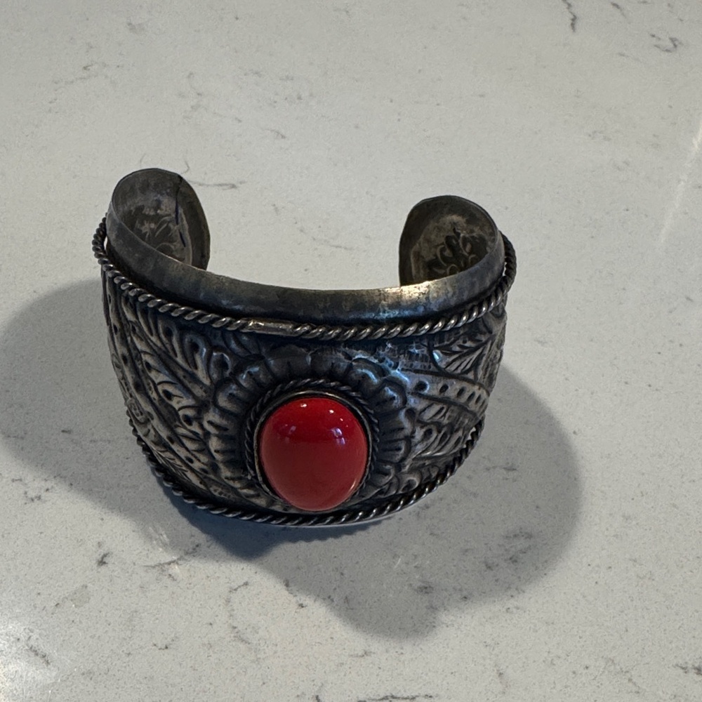 Silver Cuff Bracelet with Red Stone